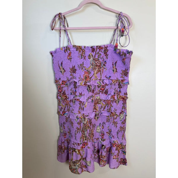 FARM Rio Purple Floral Smocked Mini Dress Tie Straps Tiered Ruffles XL