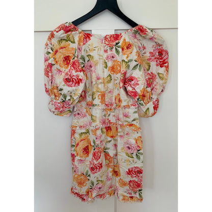 For Love & Lemons Julep Mini Dress in Coral Small Floral Short Sleeve Ruffle