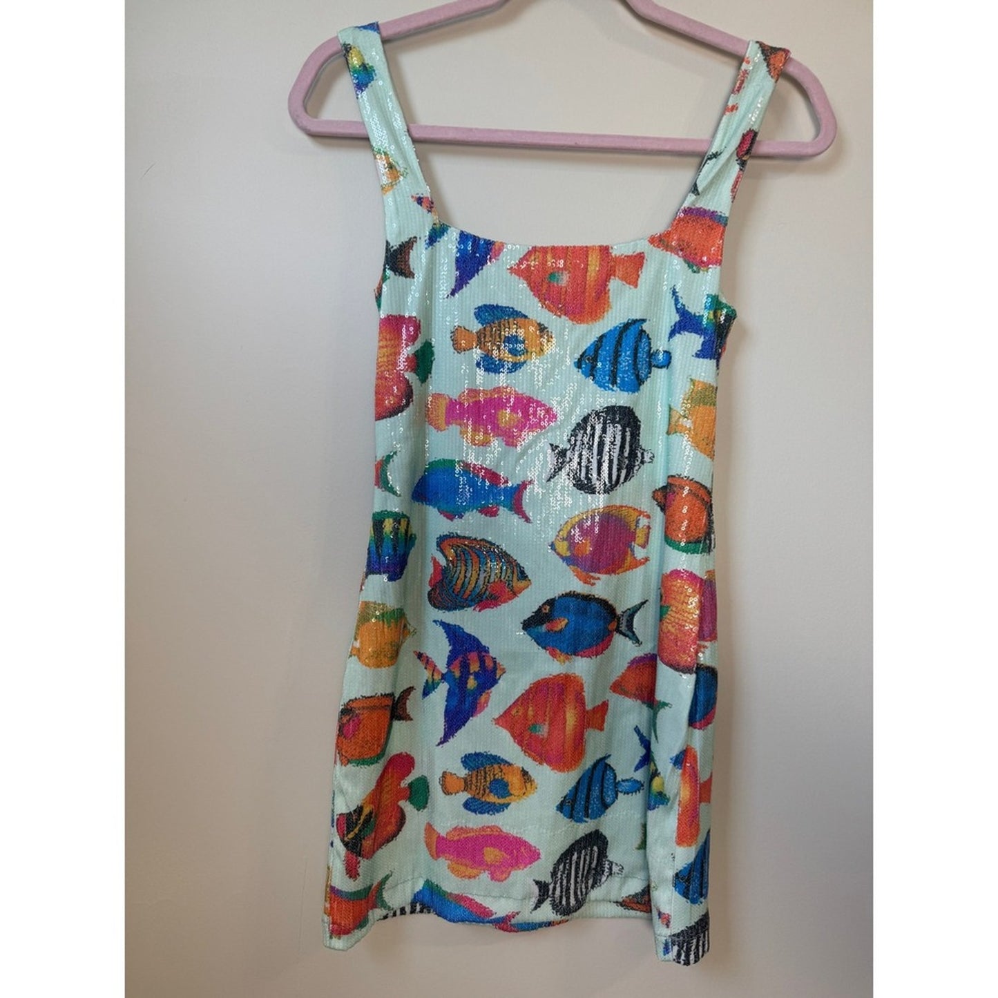 Show Me Your Mumu Tropical Fish Sequin Mini Dress Mint Green XS Square Neck