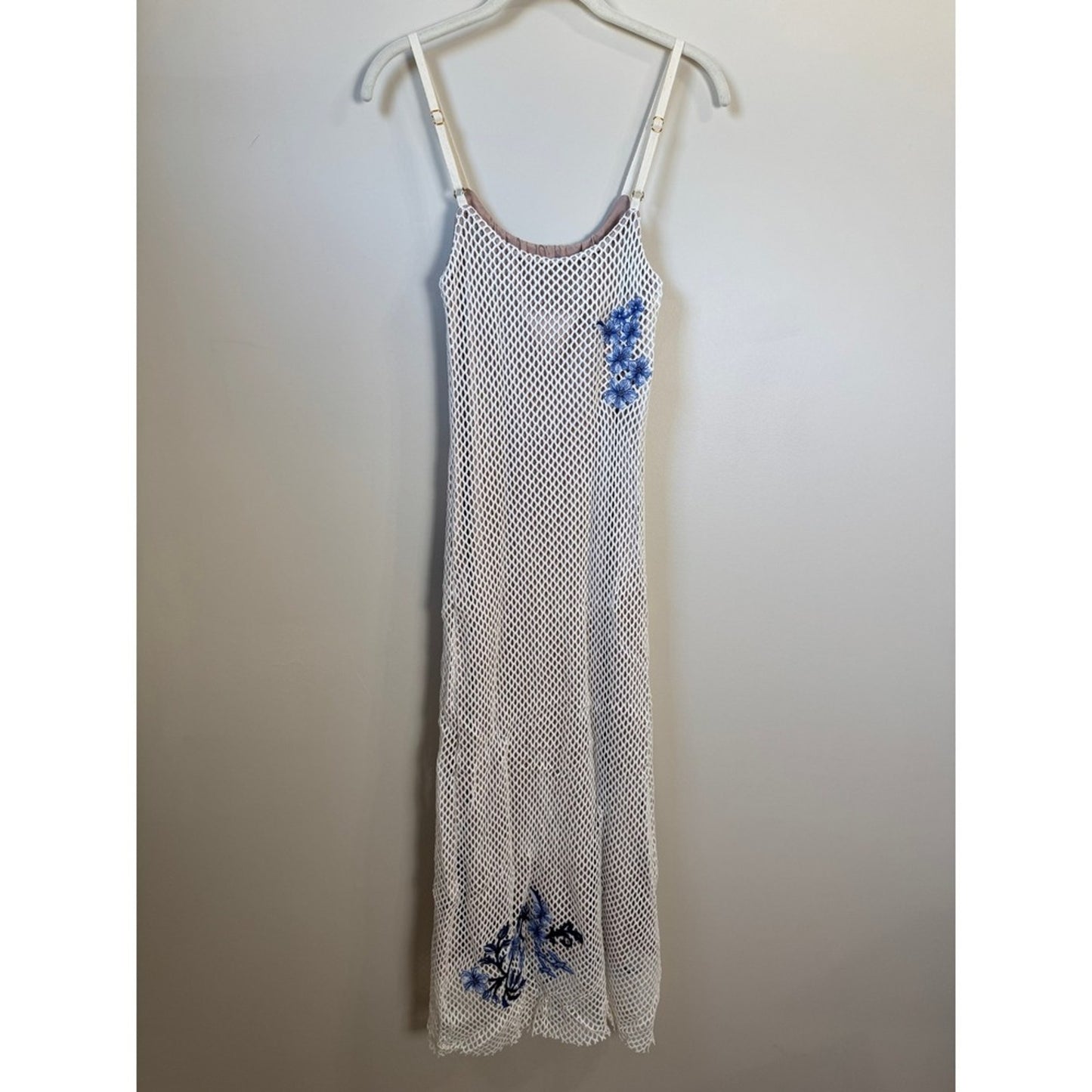 Agua Bendita White Fishnet Mesh Blue Floral Embroidered Midi Dress Bodycon Lined