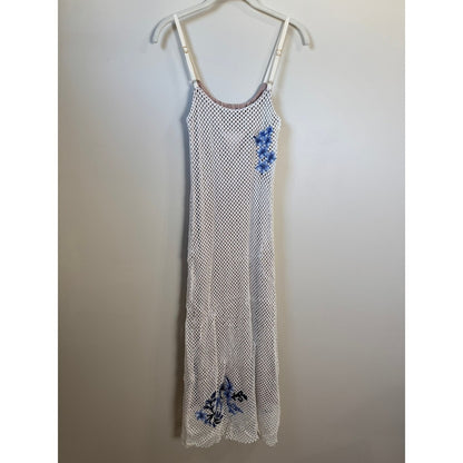 Agua Bendita White Fishnet Mesh Blue Floral Embroidered Midi Dress Bodycon Lined