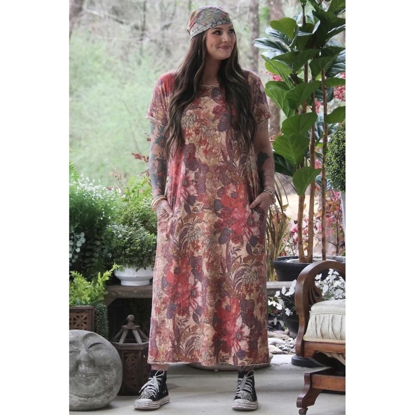 Jaded Gypsy Floral Maxi Dress Boho Short Sleeve Pockets Red Mauve NWT