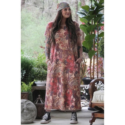 Jaded Gypsy Floral Maxi Dress Boho Short Sleeve Pockets Red Mauve NWT