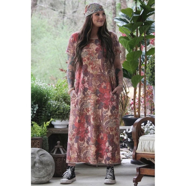 Jaded Gypsy Floral Maxi Dress Boho Short Sleeve Pockets Red Mauve NWT