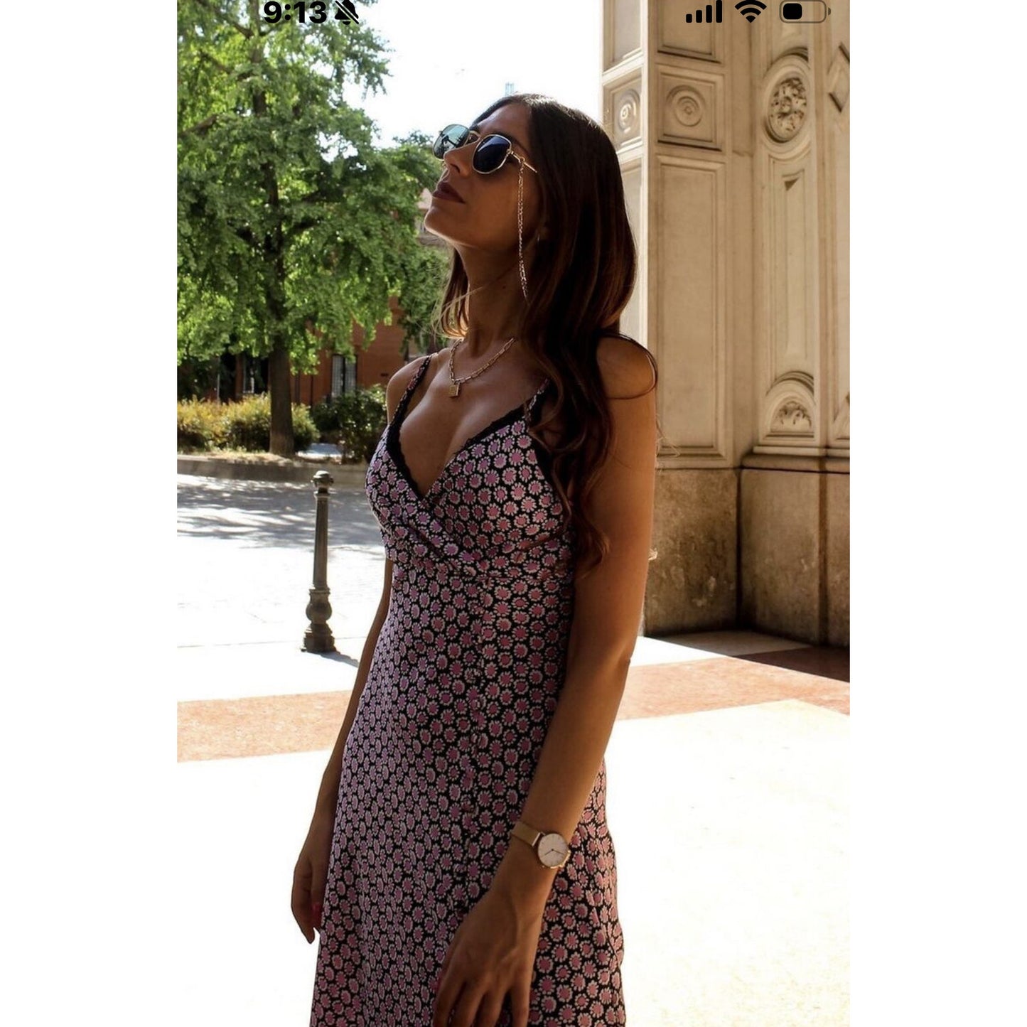 Zara Satin Effect Slip Midi Dress Black/Pink Floral Size XL