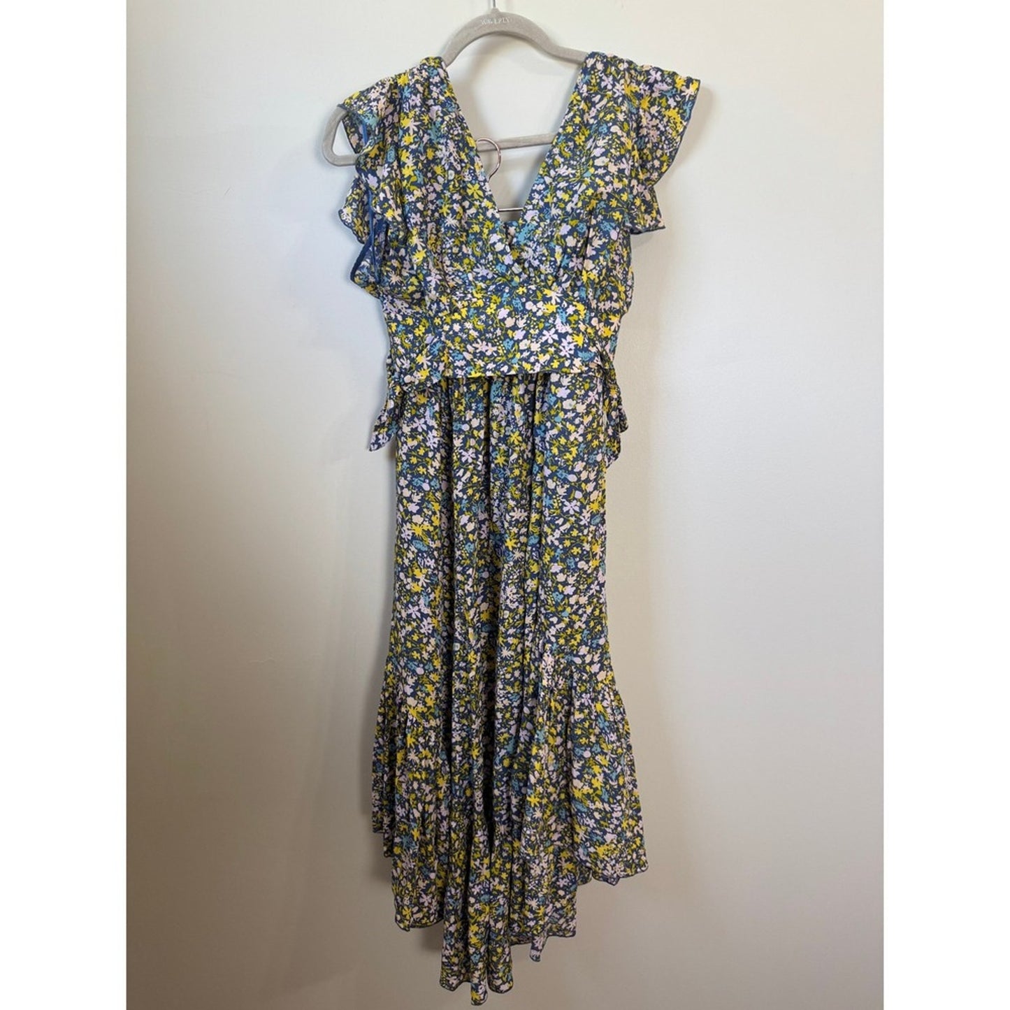 Free People Floral Two Piece Set Crop Top High Low Maxi Skirt XS Navy Yellow