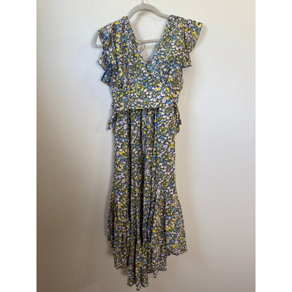 Free People Floral Two Piece Set Crop Top High Low Maxi Skirt XS Navy Yellow