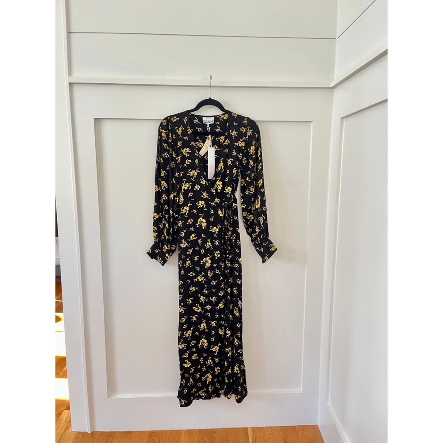 GANNI Black Yellow Floral Print Long Sleeve Wrap Maxi Dress Size 38