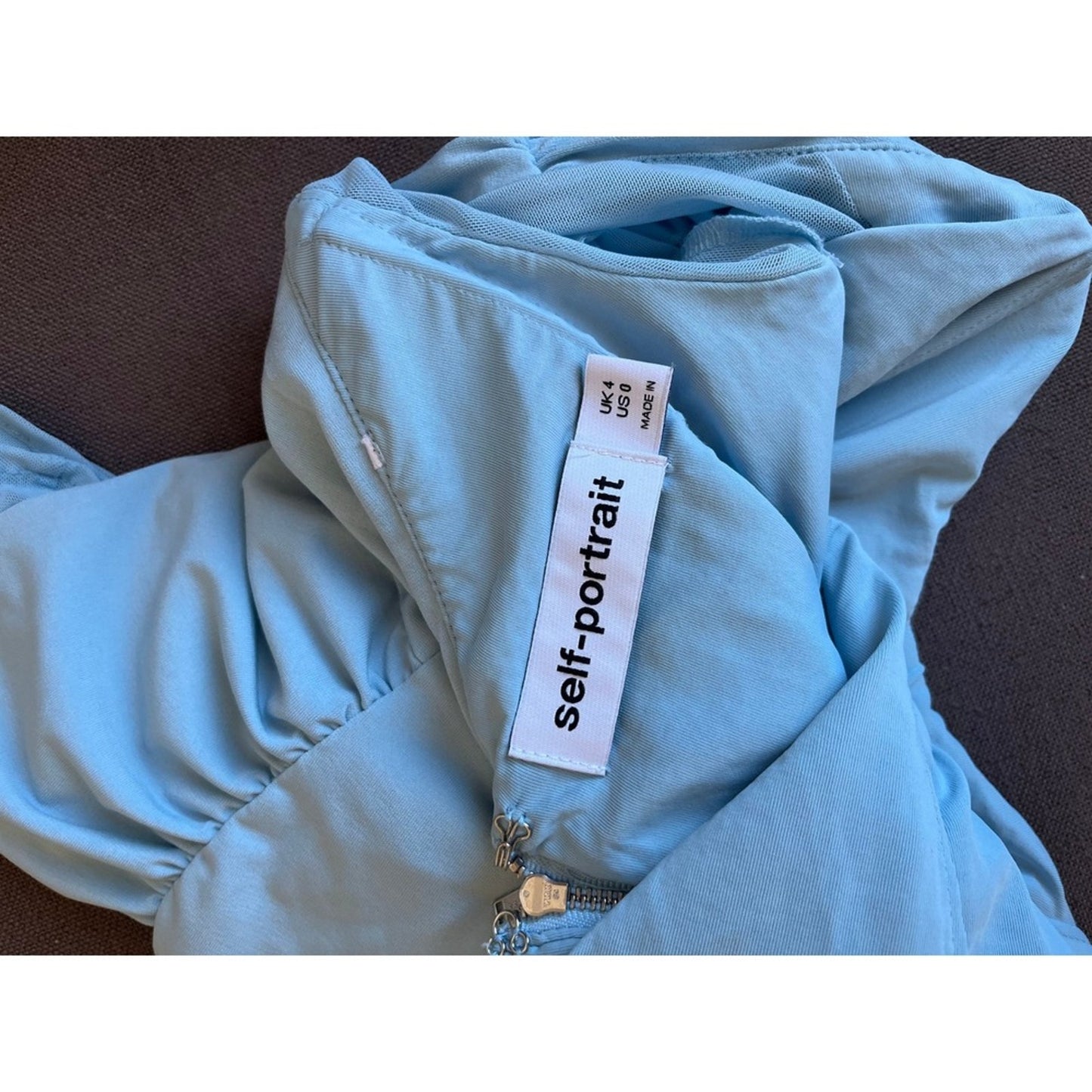 Self Portrait Light Blue Ruched Mesh Jersey Crossover Long Sleeve Top Size 0