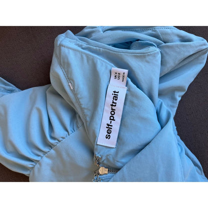 Self Portrait Light Blue Ruched Mesh Jersey Crossover Long Sleeve Top Size 0