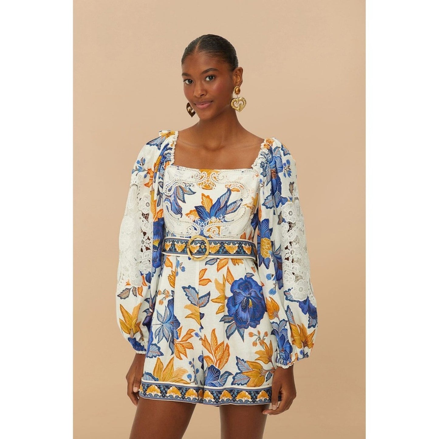 FARM Rio Mixed Print Square Neck Puff Sleeve Belted Mini Dress XS