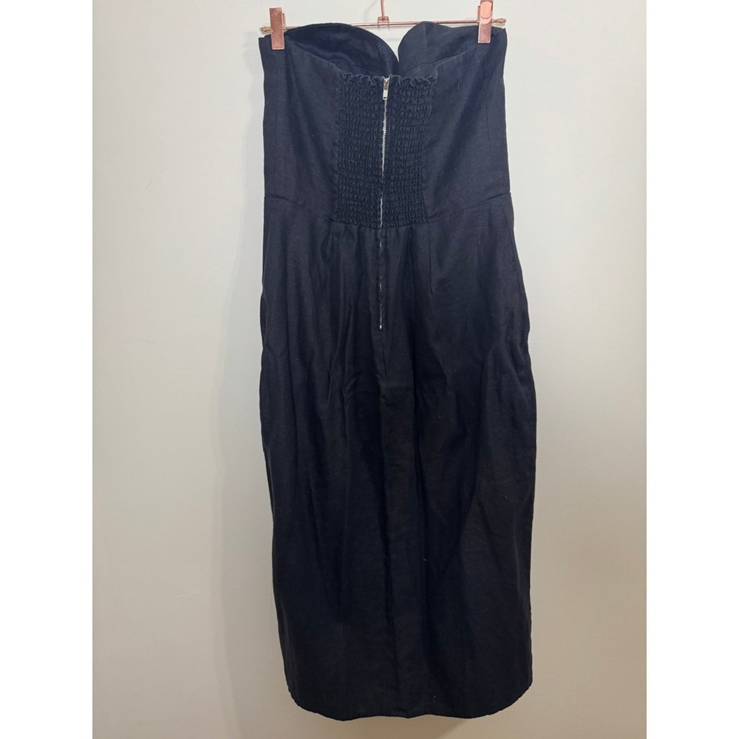Reformation Black Linen Strapless Bustier Midi Dress with Front Slit