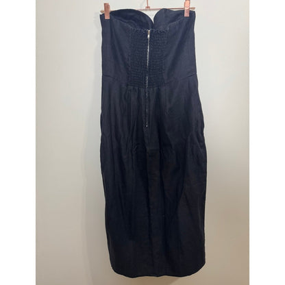 Reformation Black Linen Strapless Bustier Midi Dress with Front Slit
