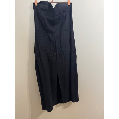 Reformation Black Linen Strapless Bustier Midi Dress with Front Slit