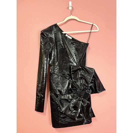 Faith Connexion Faux Patent Leather One Shoulder Bow Mini Dress in Black Size Small