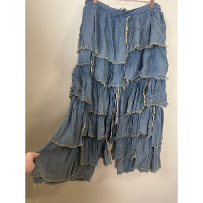 Jaded Gypsy Blue Denim Tiered Ruffle Frayed Wide Leg Pants Lagenlook Boho L/XL