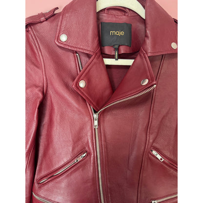 Maje Burgundy Lamb Leather Moto Jacket Size 36/Small