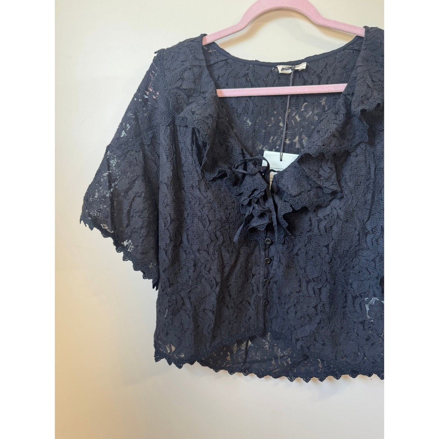 Spell & The Gypsy Collective Black Lace Ruffle Tie Front Blouse Top NWT
