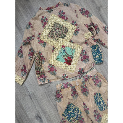 A Rare Bird Floral Patchwork Jacket and Wide Leg Pants Set Bohemian Peach