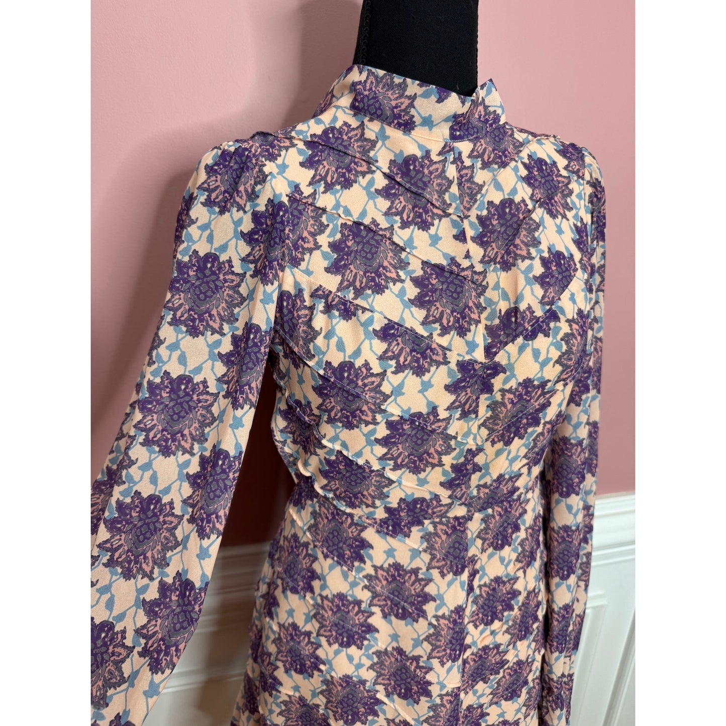 For Love & Lemons Clover Mini Dress in Lilac Print Small Long Sleeve Backless