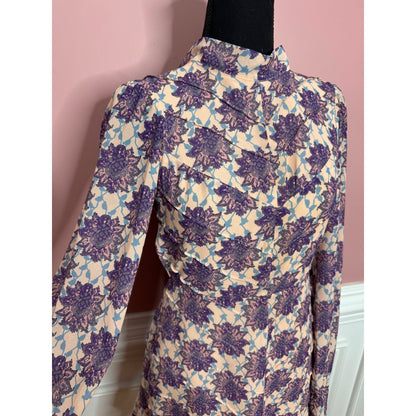 For Love & Lemons Clover Mini Dress in Lilac Print Small Long Sleeve Backless