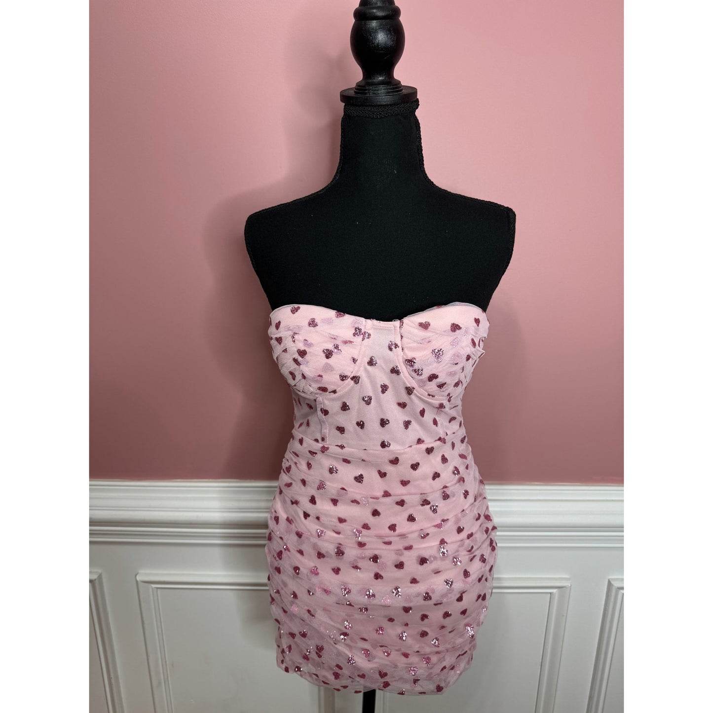 Superdown Fifi Mesh Mini Dress in Pink Hearts Glitter Size Small Zip Back Lined