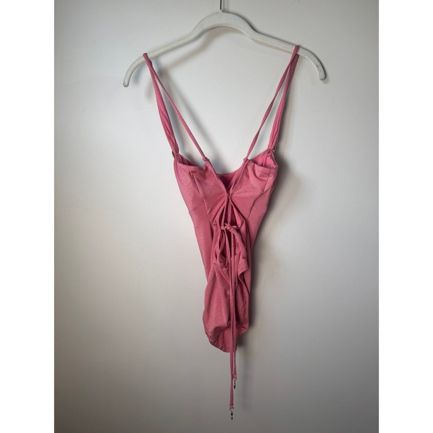 Pink Metallic Shimmer One Piece Swimsuit Lace Up Back Gold Shell Charms High Cut