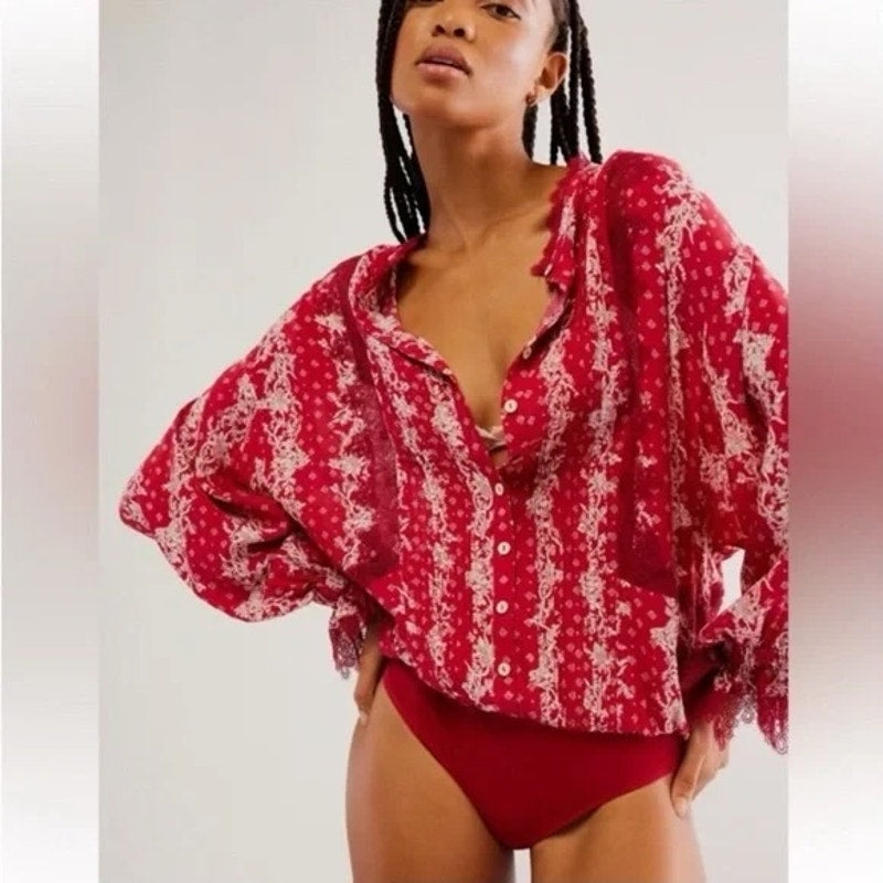 NEW NWT Free People Intimately After Hours Bodysuit Blouse Red Size Medium
