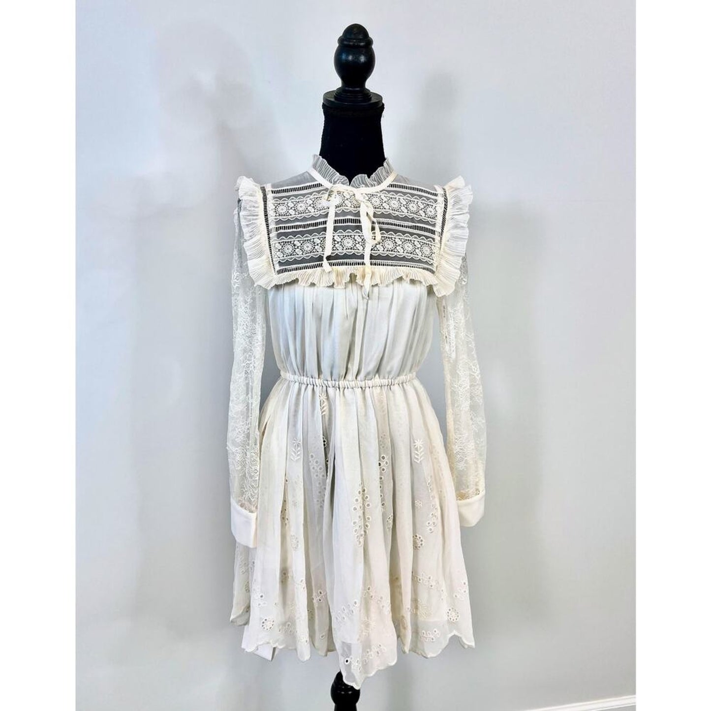 Self Portrait Broderie Mini Dress in Ivory Size 2 Chiffon‎ Lace Mock Neck Lined