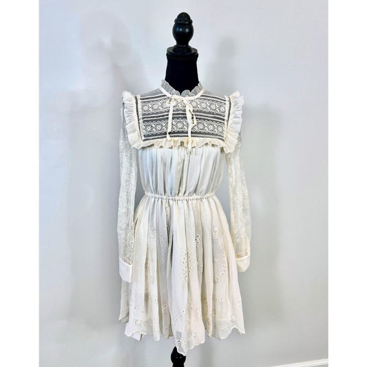 Self Portrait Broderie Mini Dress in Ivory Size 2 Chiffon‎ Lace Mock Neck Lined