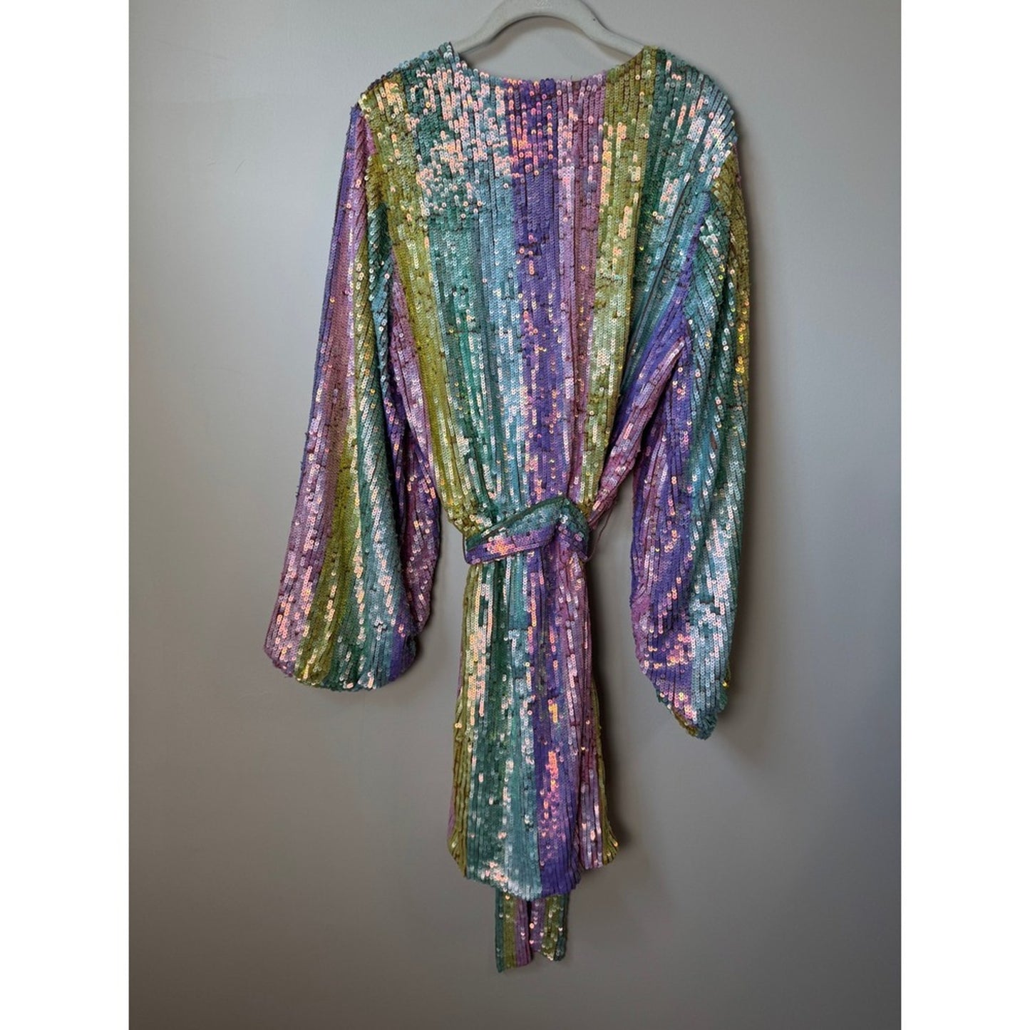 Show Me Your Mumu Rainbow Sequin Mini Dress Long Sleeve Wrap Belted Pastel XL