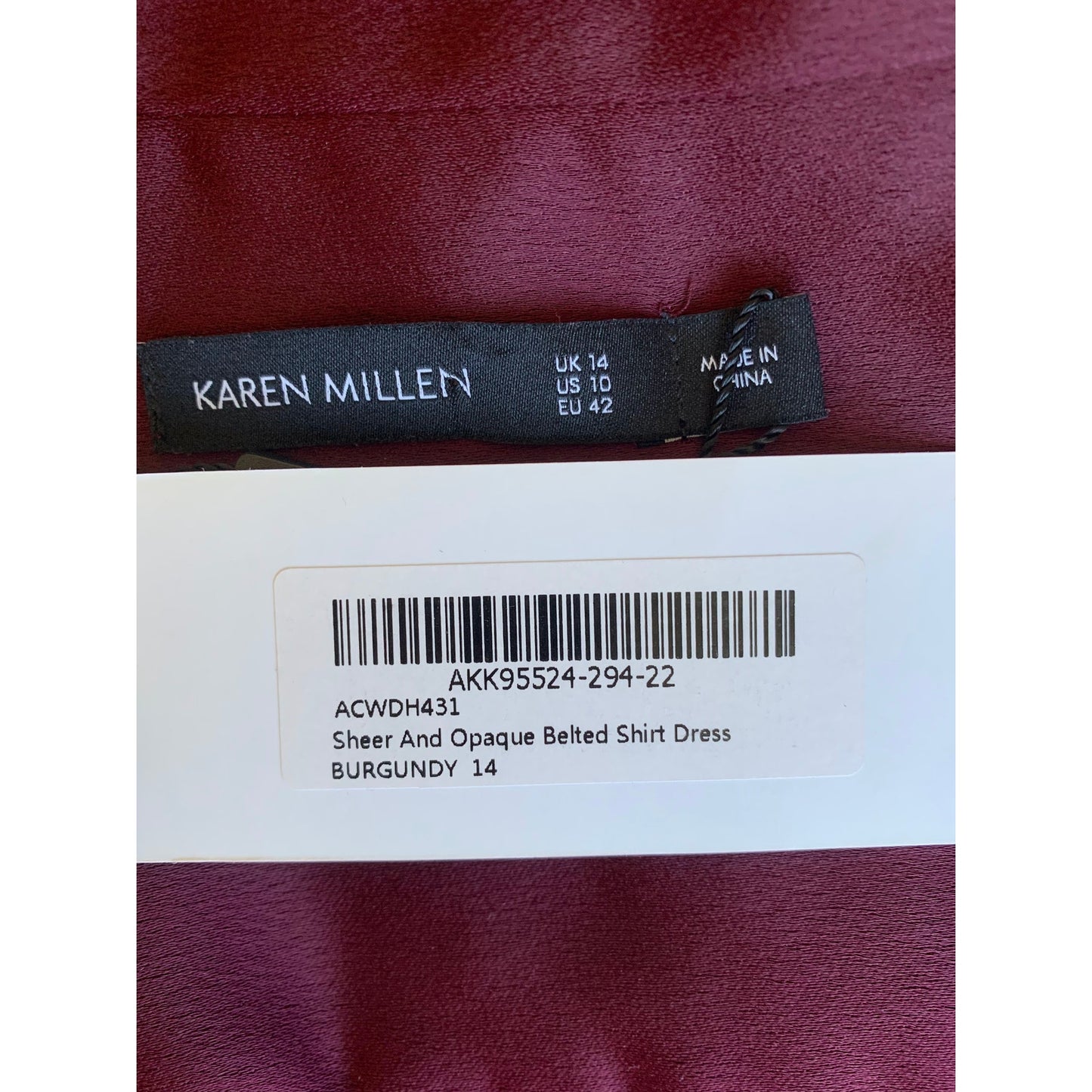 Karen Millen Sheer and Opaque Belted Dress in Burgundy Size 10 Mini Long Sleeve