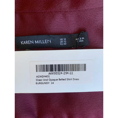 Karen Millen Sheer and Opaque Belted Dress in Burgundy Size 10 Mini Long Sleeve