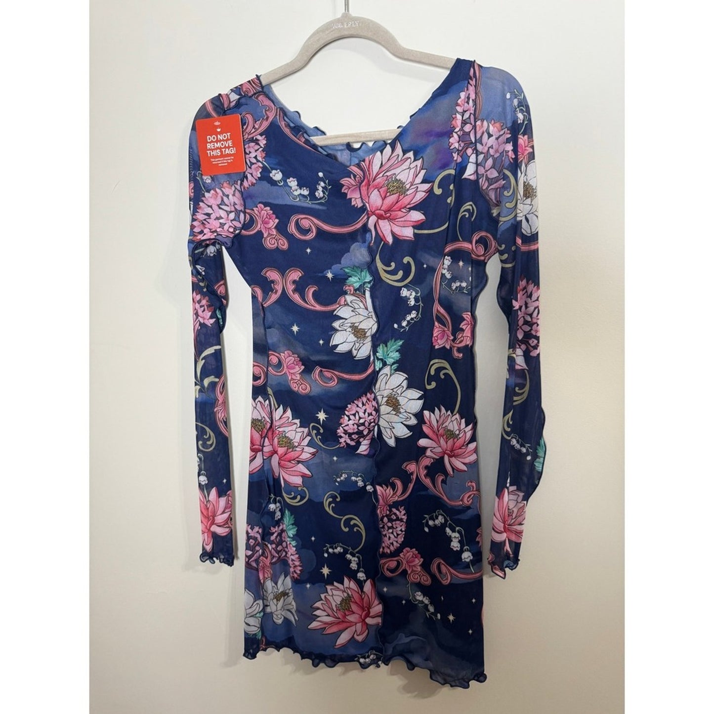 Agua Bendita Hadley Fairytales Mesh Mini Dress Navy Floral Long Sleeve L