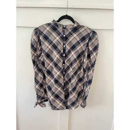 Veronica Beard Plaid Puff Sleeve Button Back Mock Neck Blouse Size 12