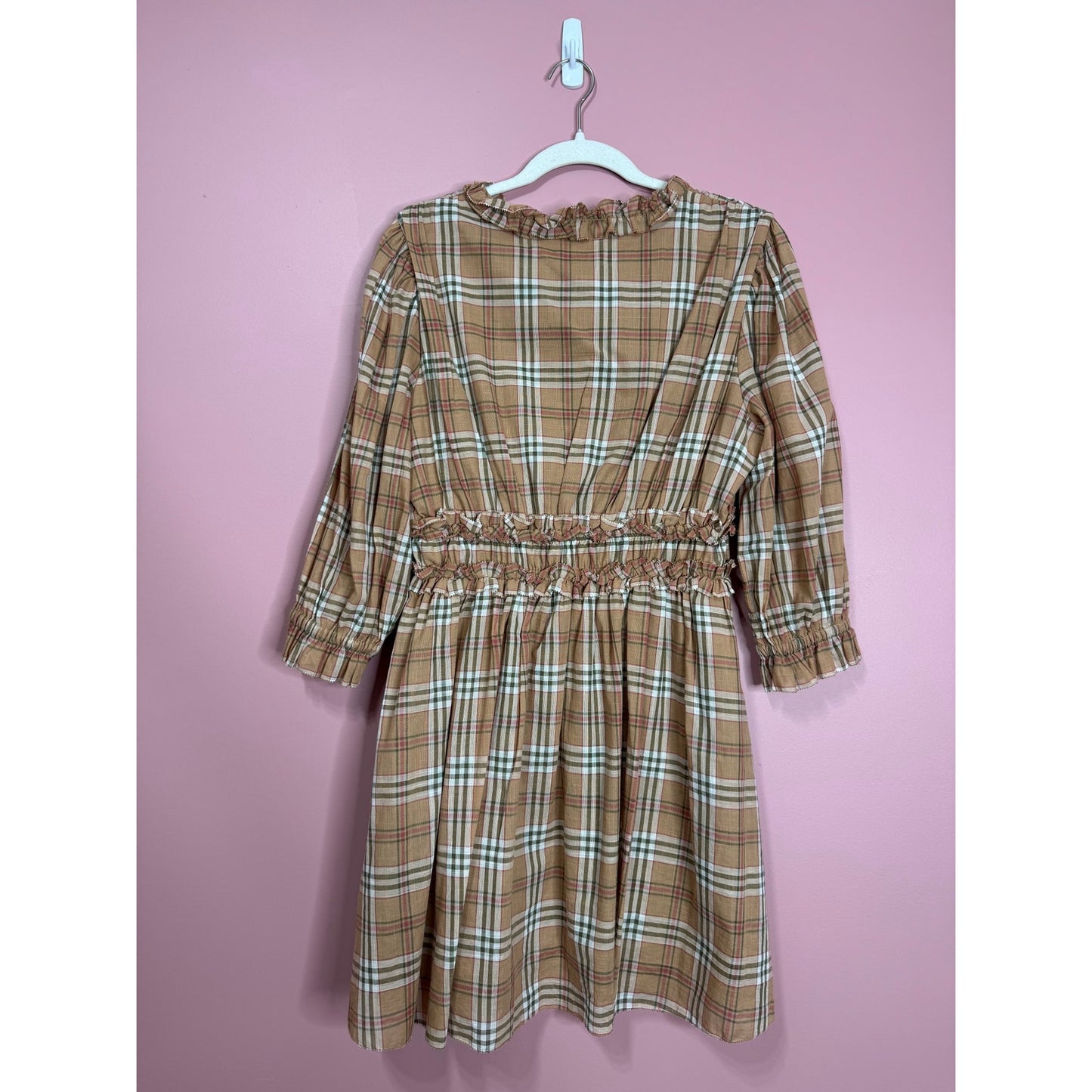 We Are Sundays Maisie Mini Dress in Tannin Plaid Large 3/4 Sleeve V-Neck Ruffle