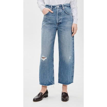 Citizens of Humanity Wide Leg Jeans Distressed Cropped Raw Hem Blue Wash Size 30