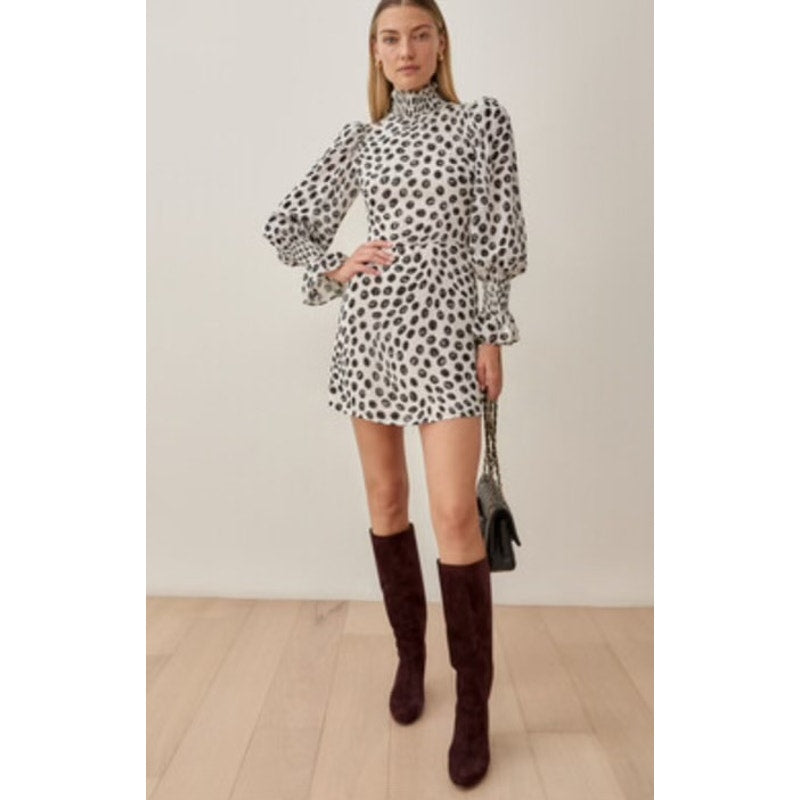 Reformation Archie Mini Dress High Neck in Twist Polka Dot Size 4 Long Sleeve