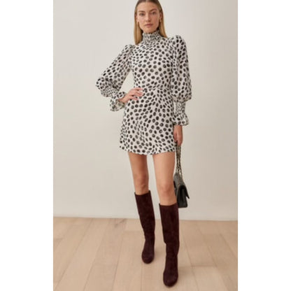 Reformation Archie Mini Dress High Neck in Twist Polka Dot Size 4 Long Sleeve