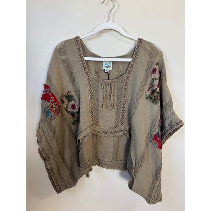 Jaded Gypsy Boho Patchwork Poncho Top Tunic Kimono Khaki
