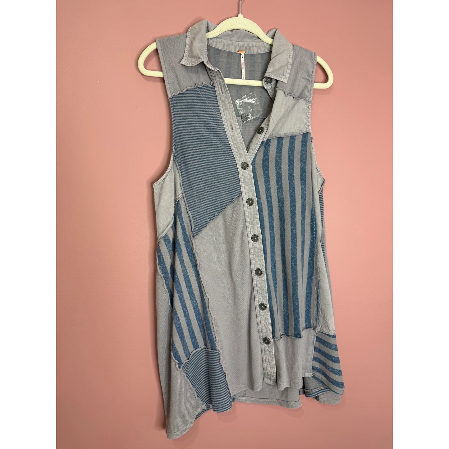 Free People Santana Denim Patched Mini Dress in Blue Small Striped Sleeveless