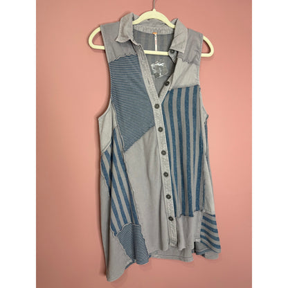 Free People Santana Denim Patched Mini Dress in Blue Small Striped Sleeveless