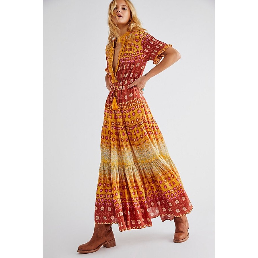 Free People Rare Feeling Maxi Dress in Multi Size XS Short Sleeve V-Neck Lined