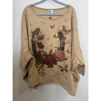 Jaded Gypsy Boho Oversized Butterfly Floral Horseshoe Slub Knit Top Tan OS