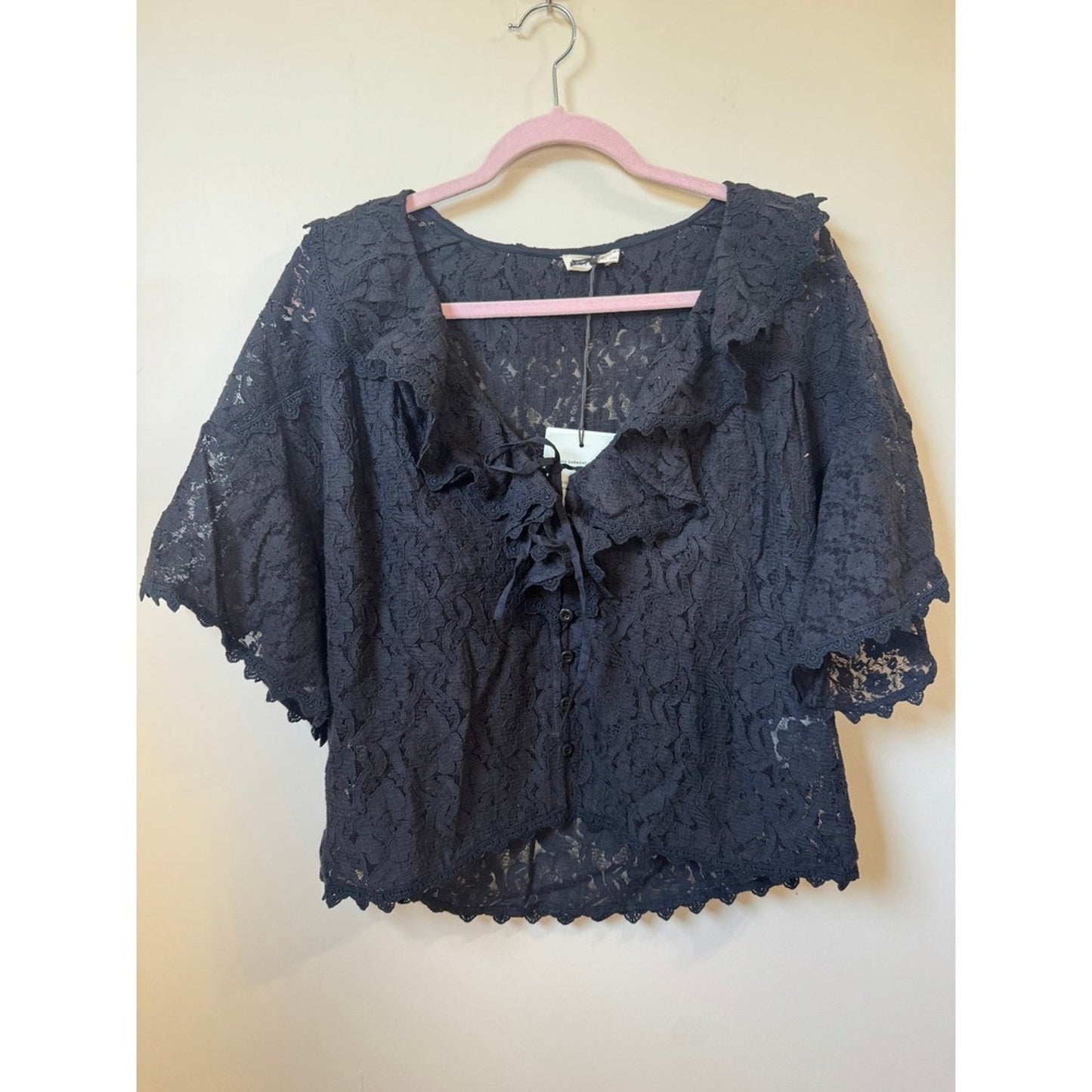 Spell & The Gypsy Collective Black Lace Ruffle Tie Front Blouse Top NWT