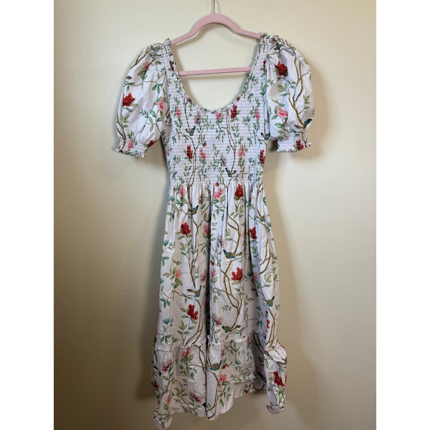 Hill House Home x Diane Hill Anjuli Nap Dress Floral Bird Smocked Midi Medium