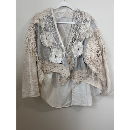 Jaded Gypsy Boho Crochet Lace Fringe Jacket Linen Blend Neutral Mixed Media S/M