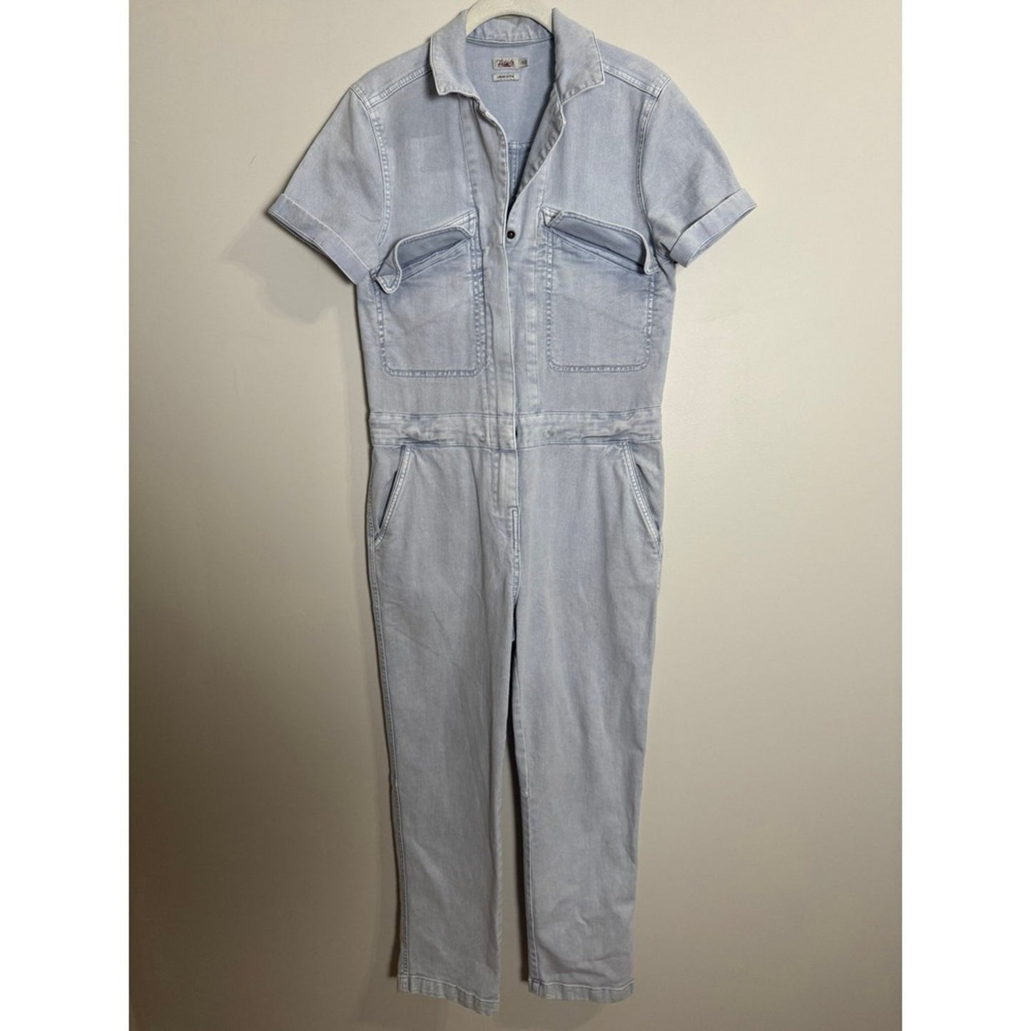 Faherty Brand Organic Cotton Denim Short Sleeve Utility Jumpsuit Light Wash XS