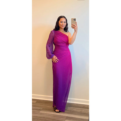 Rococo Sand Paige Long Dress in Pink/Purple Ombre Medium One Shoulder Ruched