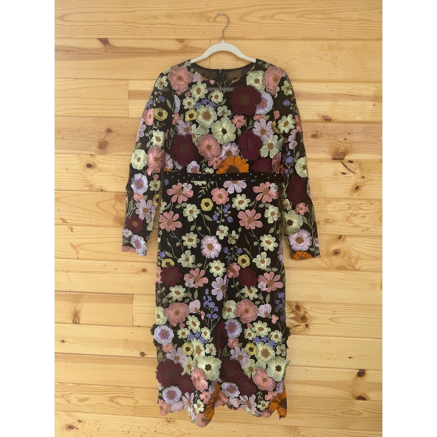 Mac Duggal Floral Applique Long Sleeve Midi Dress Black Multi Sz 10 STYLE 68462